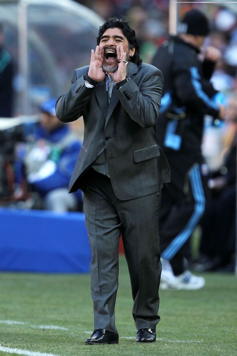 Diego Maradona on the Argentina sidelines at the 2010 FIFA World Cup